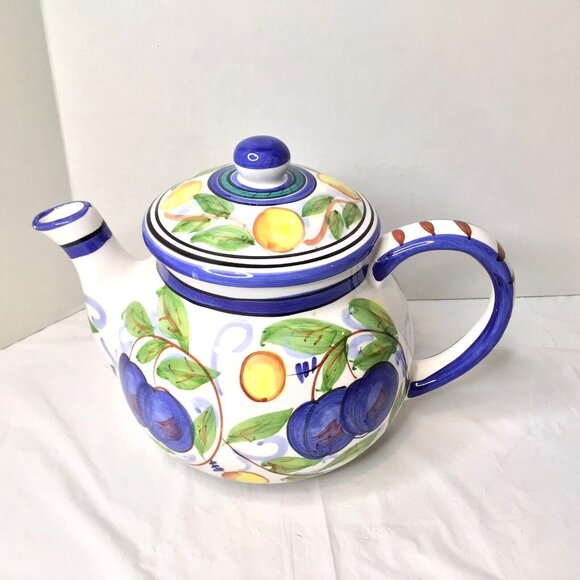 Plums Harvest LemonsTeapot Ceramic Vibrant Colors Hand painted 2000 Italy Vtg 6" - Picture 4 of 10